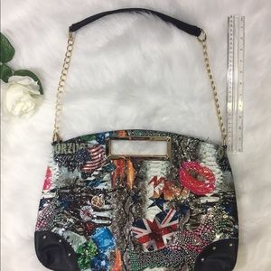 Multi colored bag with American flag, British flag